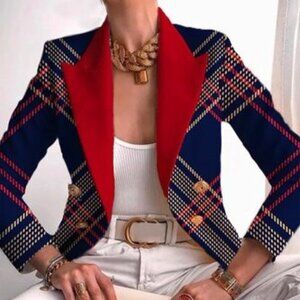 NWT StyleWe Blue Red Yellow Plaid Check Long Sleeve Red Collar Blazer Size XL